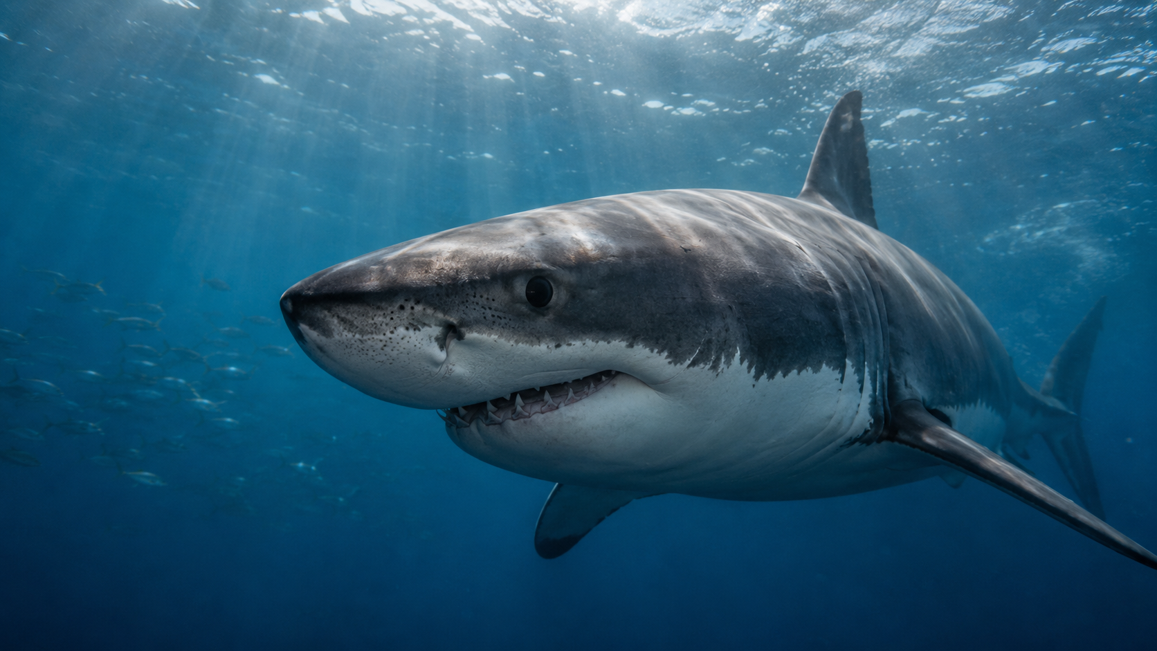 Close-up of a great white shark swimming beneath sunlit ocean water, showing its eye and sensory pores around the snout.