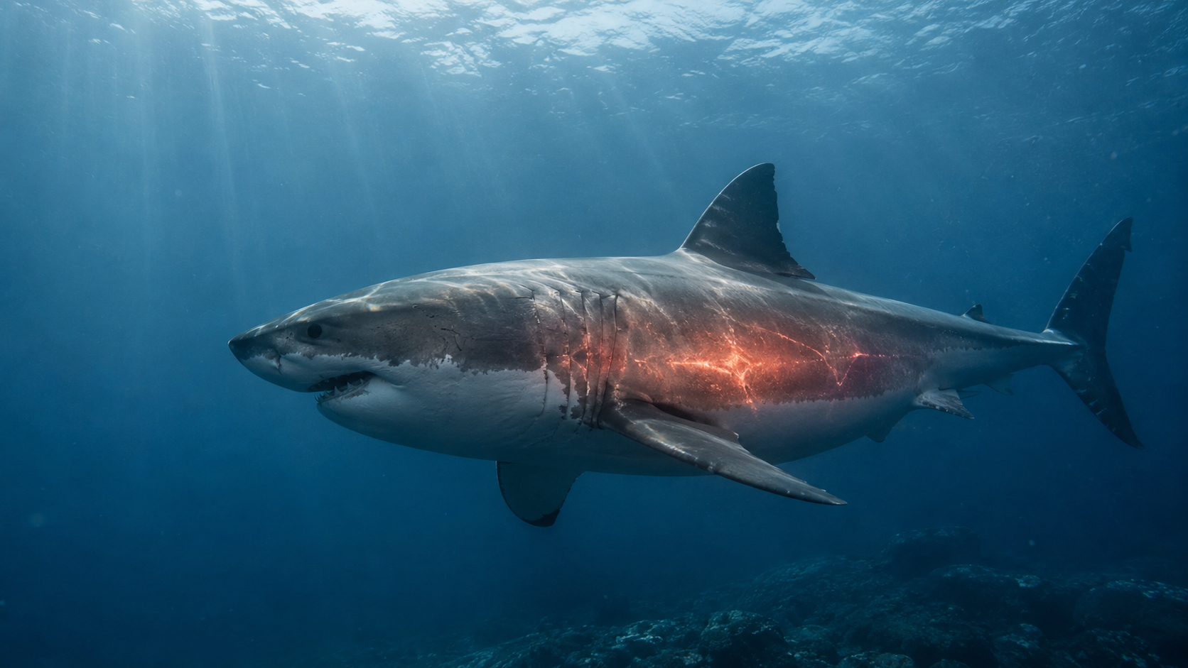 A white shark swimming through cool blue water with a subtle glow illustrating retained heat within its swimming muscles.