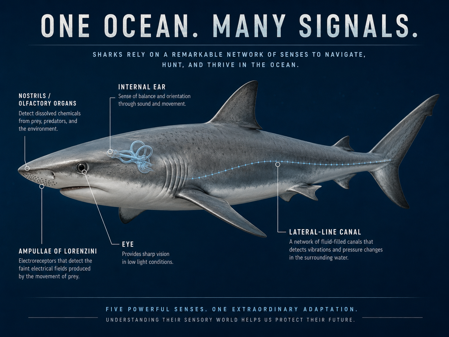 Anatomical illustration identifying the principal sensory systems of a shark.