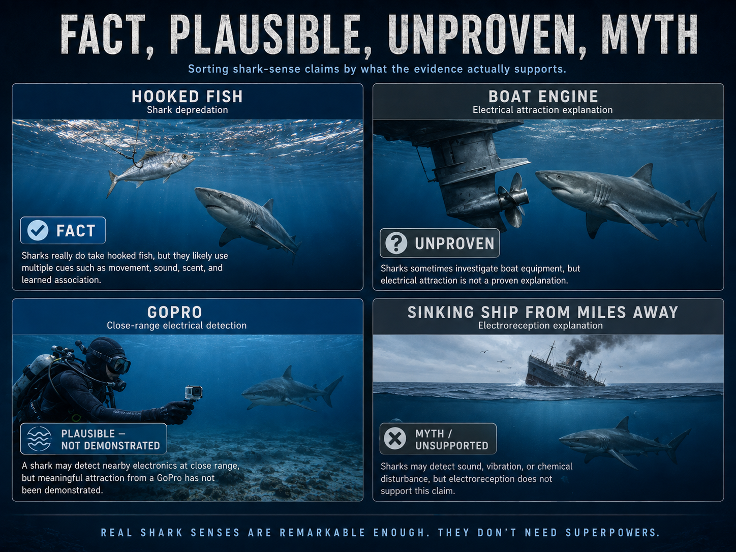 Infographic assessing common claims about shark senses as fact, plausible, unproven or myth.