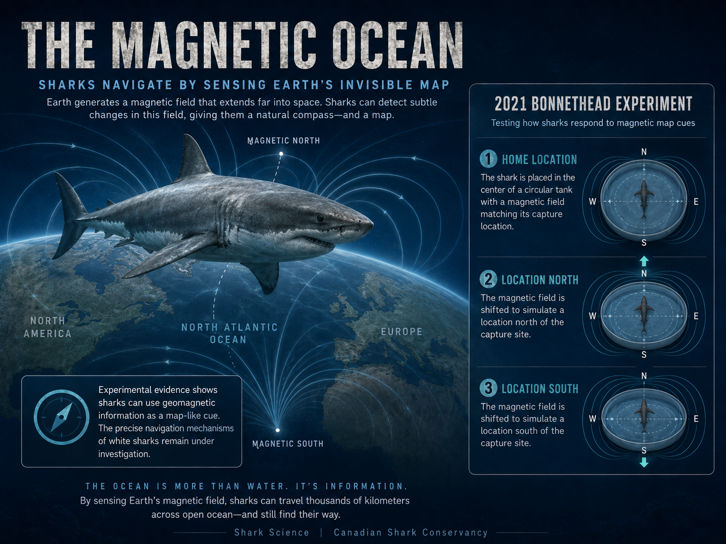 A shark crossing a North Atlantic map overlaid with Earth’s magnetic field lines.