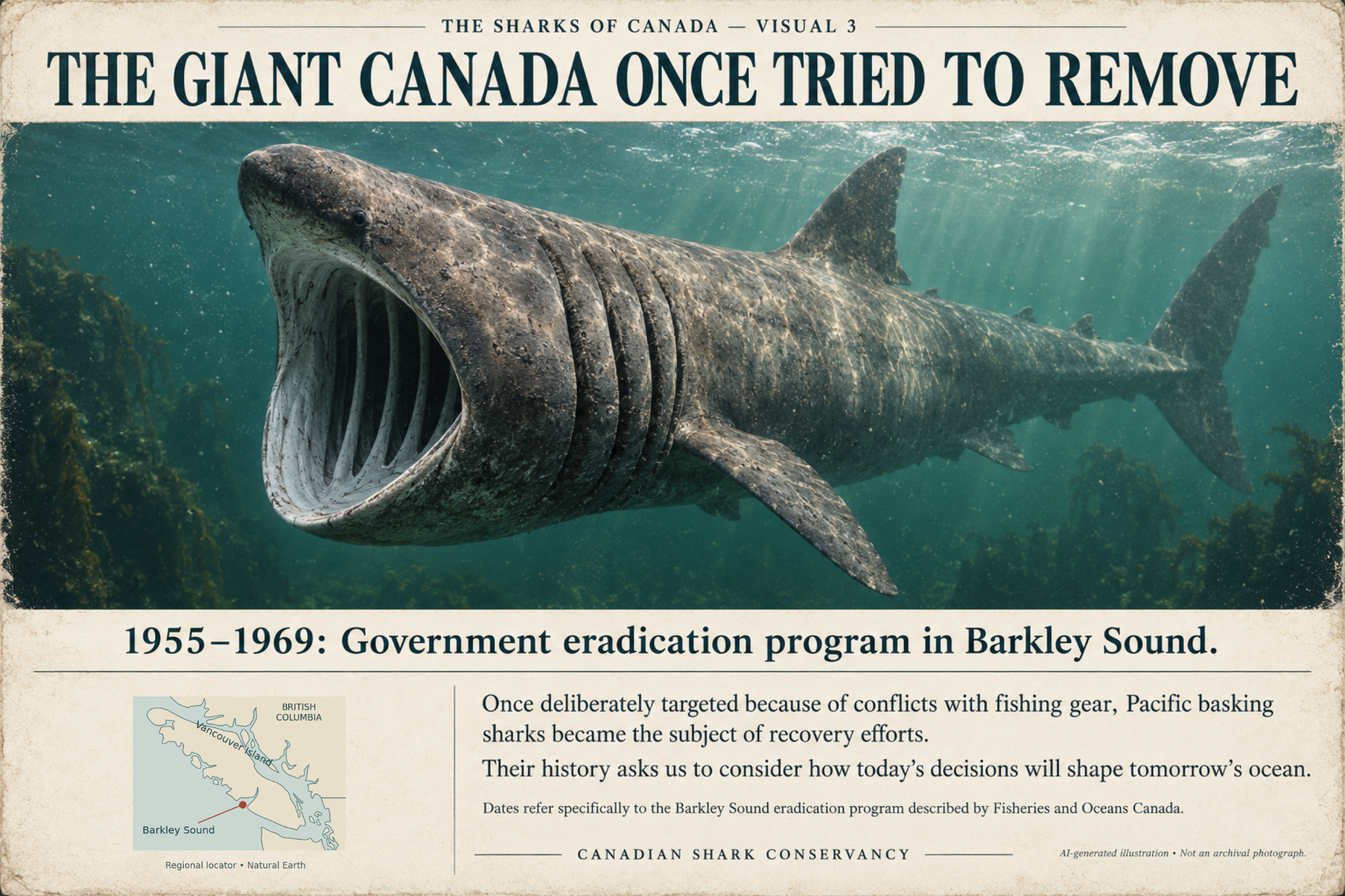 Basking shark illustration with Barkley Sound locator and the 1955–1969 government eradication program dates.