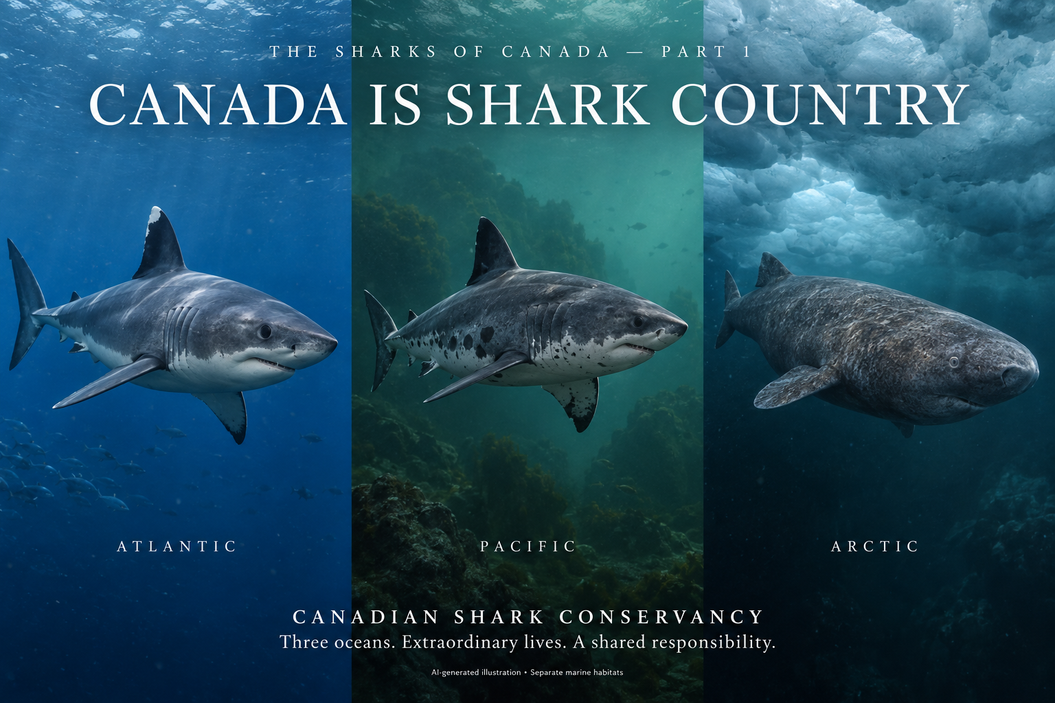 Illustrated porbeagle, salmon shark and Greenland shark in separate Atlantic, Pacific and Arctic habitats.