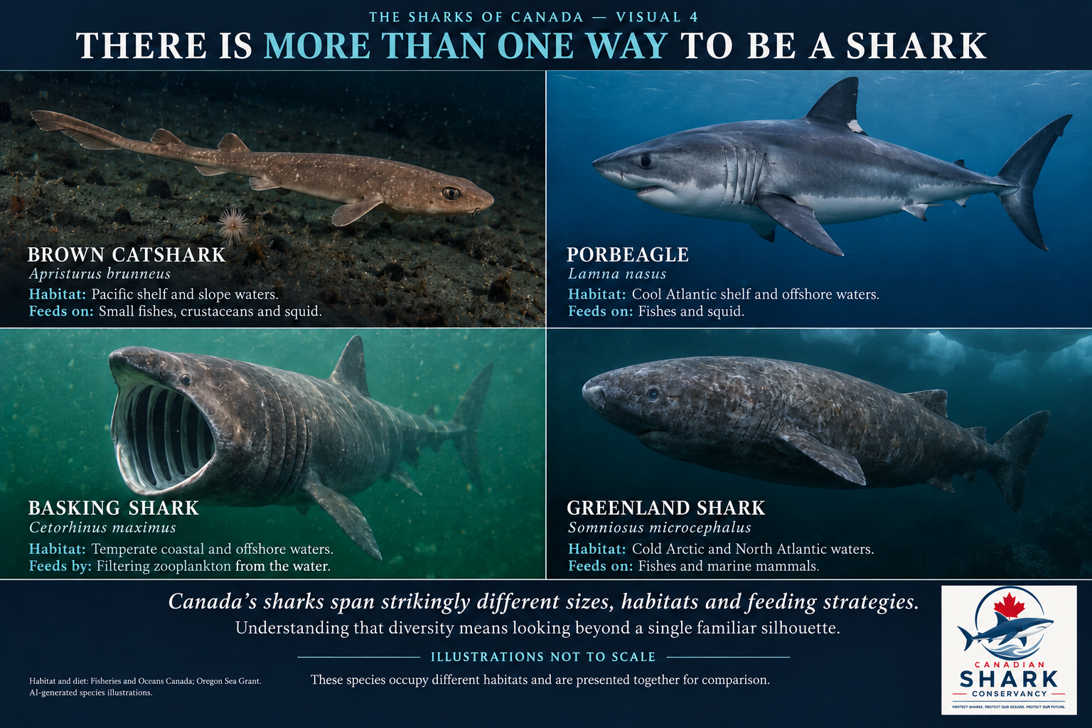 Four panels comparing brown catshark, porbeagle, basking shark and Greenland shark habitats and feeding strategies, with the corporate CSC logo.