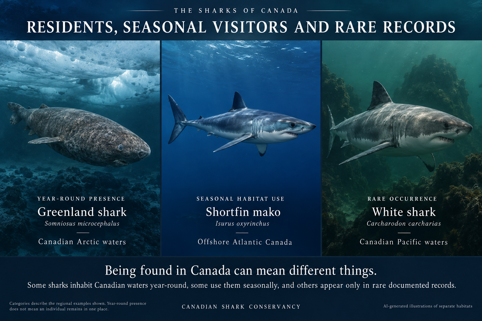 Greenland shark in Canadian Arctic waters, seasonal Atlantic shortfin mako and rare Pacific white shark occurrence.