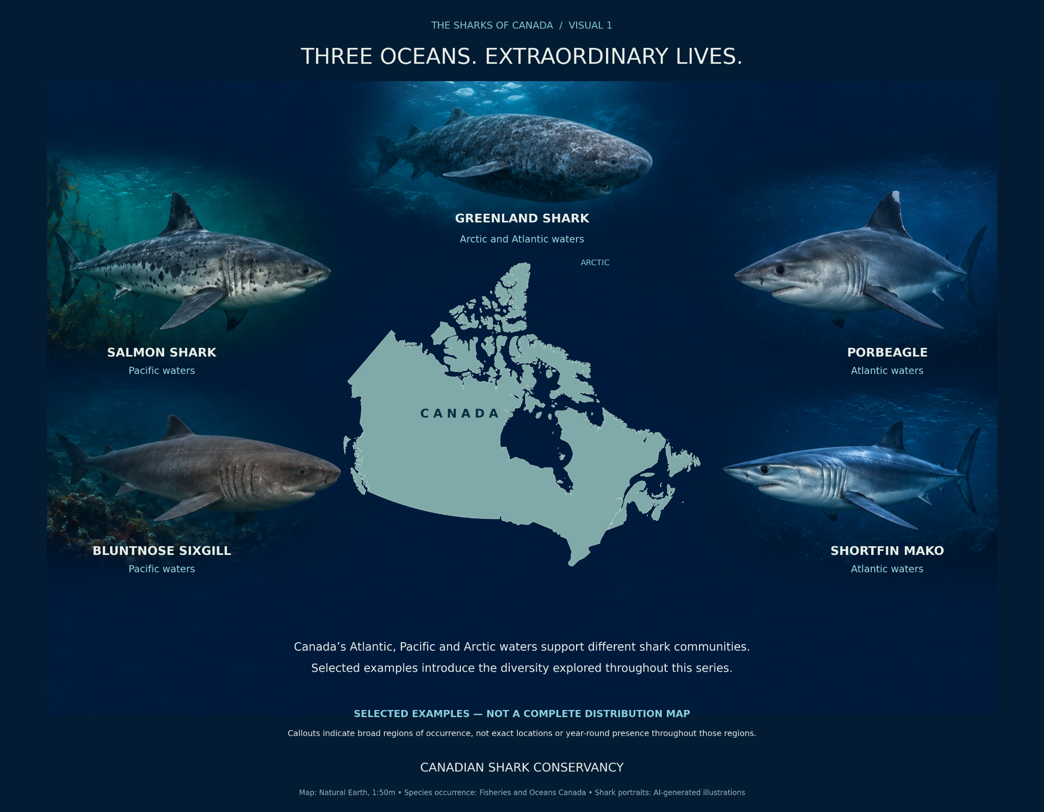 Map of Canada with selected Atlantic, Pacific and Arctic shark species callouts.