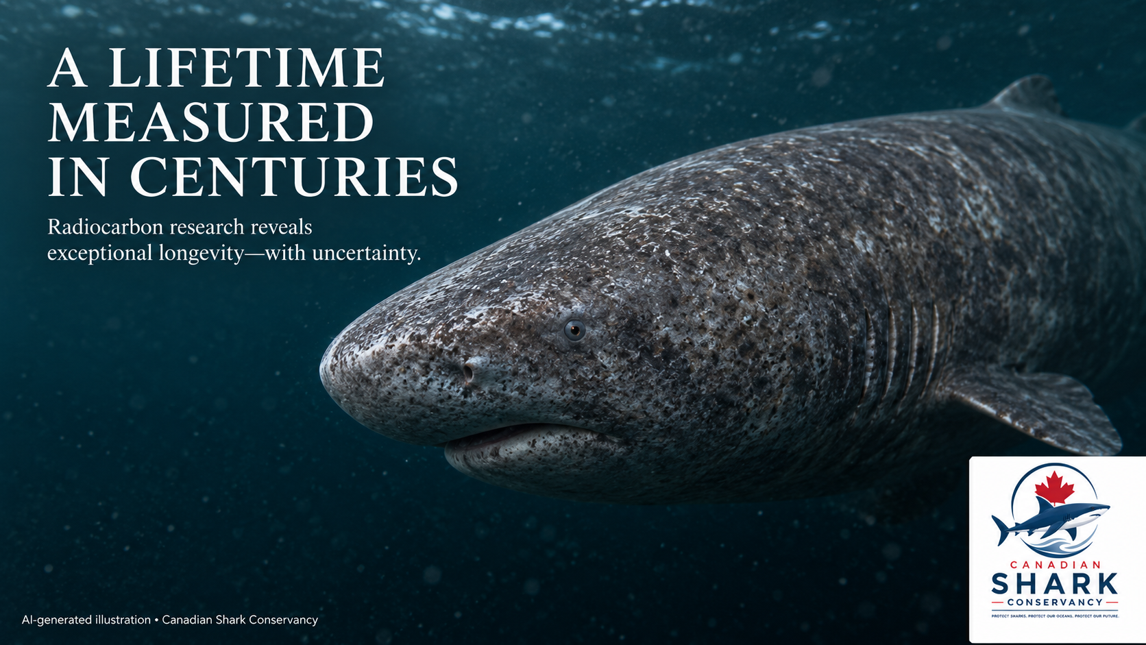 Illustrated close-up of a Greenland shark’s blunt head and small eye.