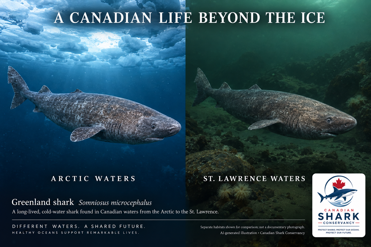 Separate illustrated panels comparing Greenland sharks in Arctic and St. Lawrence waters.