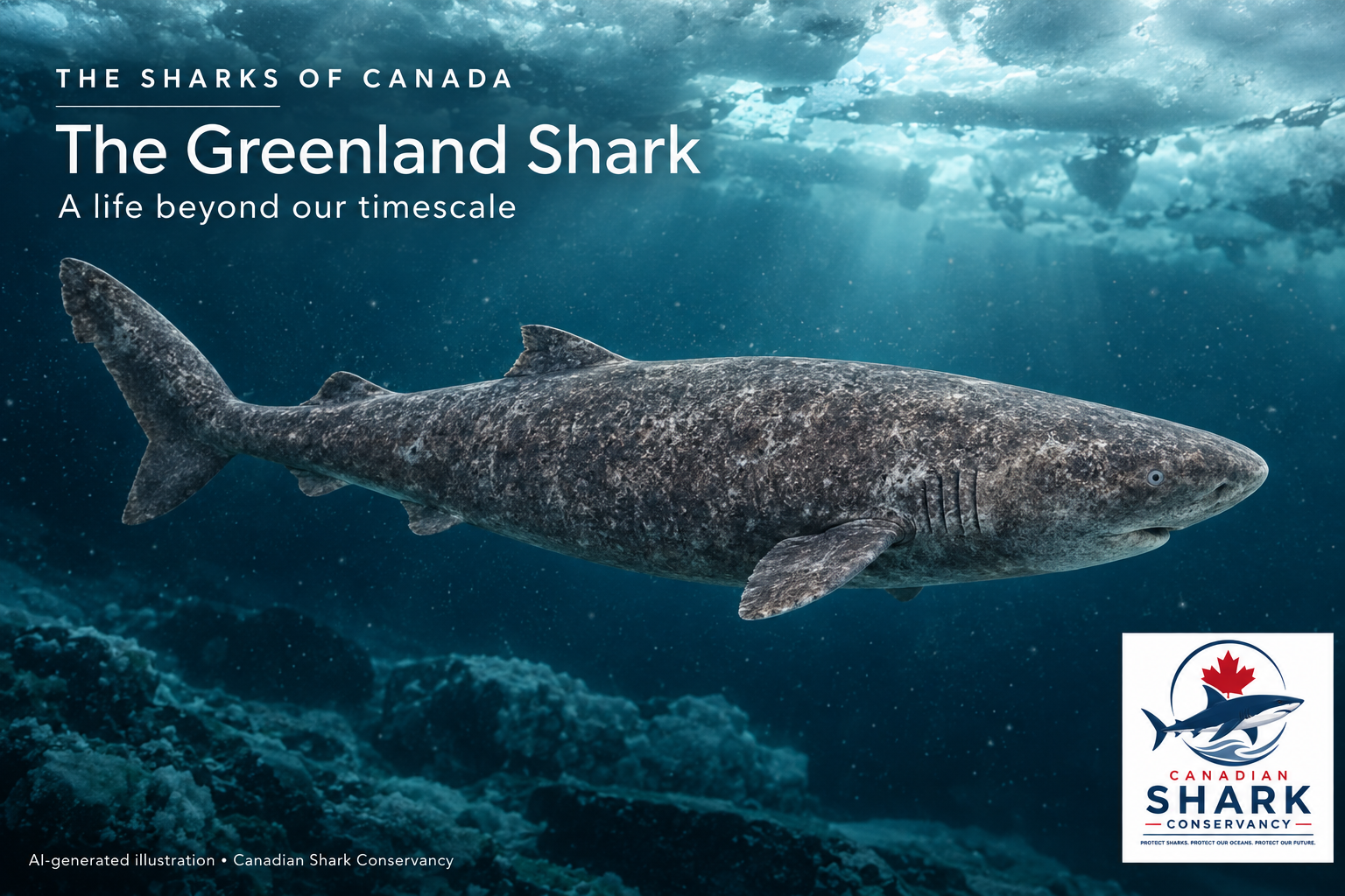 Illustration of a Greenland shark swimming beneath Arctic sea ice.