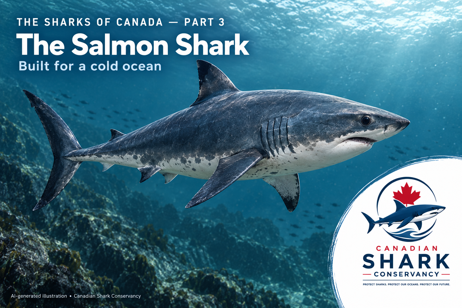 Illustration of a salmon shark swimming through cool blue-green Canadian Pacific waters.