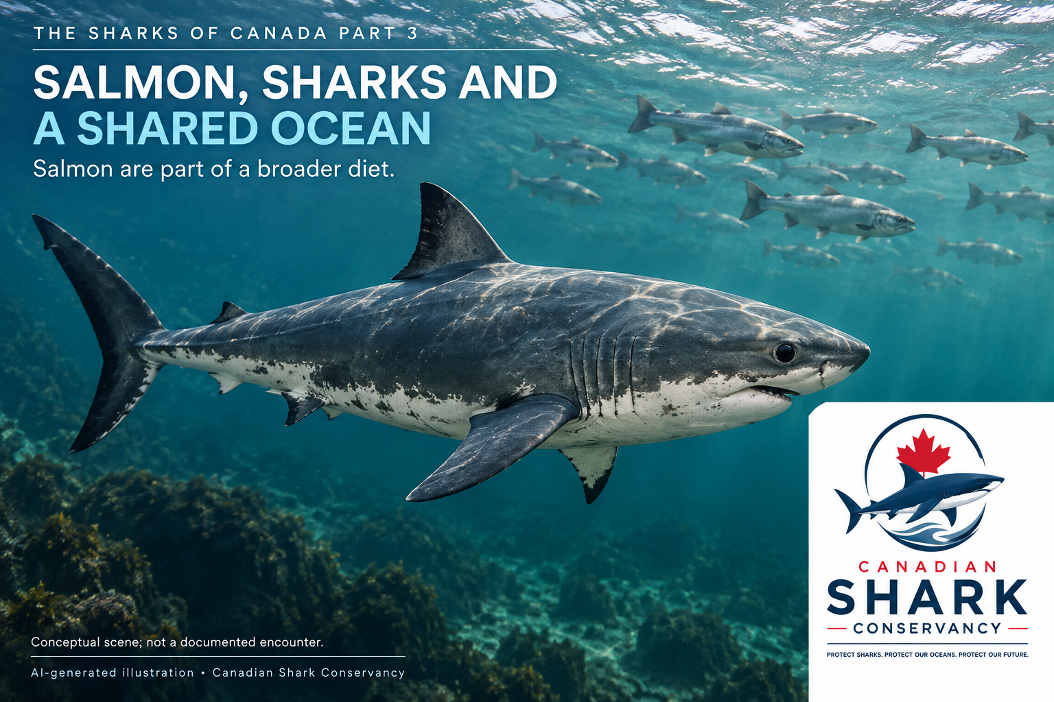 Conceptual underwater scene of a salmon shark and a school of silvery Pacific salmon.