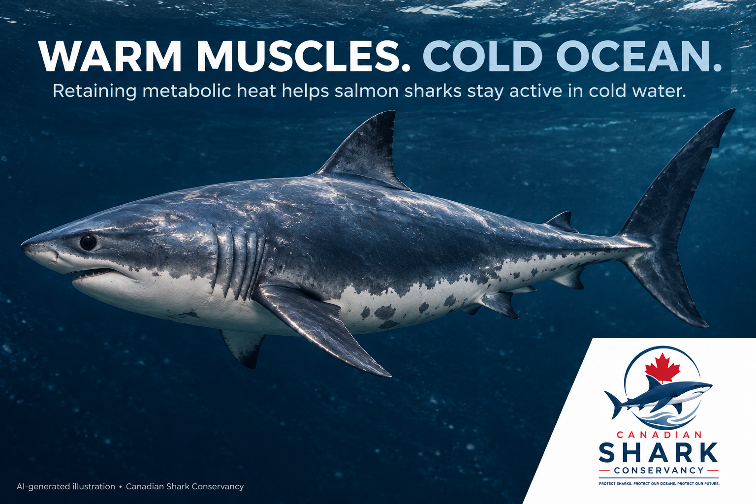 Salmon shark in cold blue water, illustrating its muscular body and mottled pale underside.
