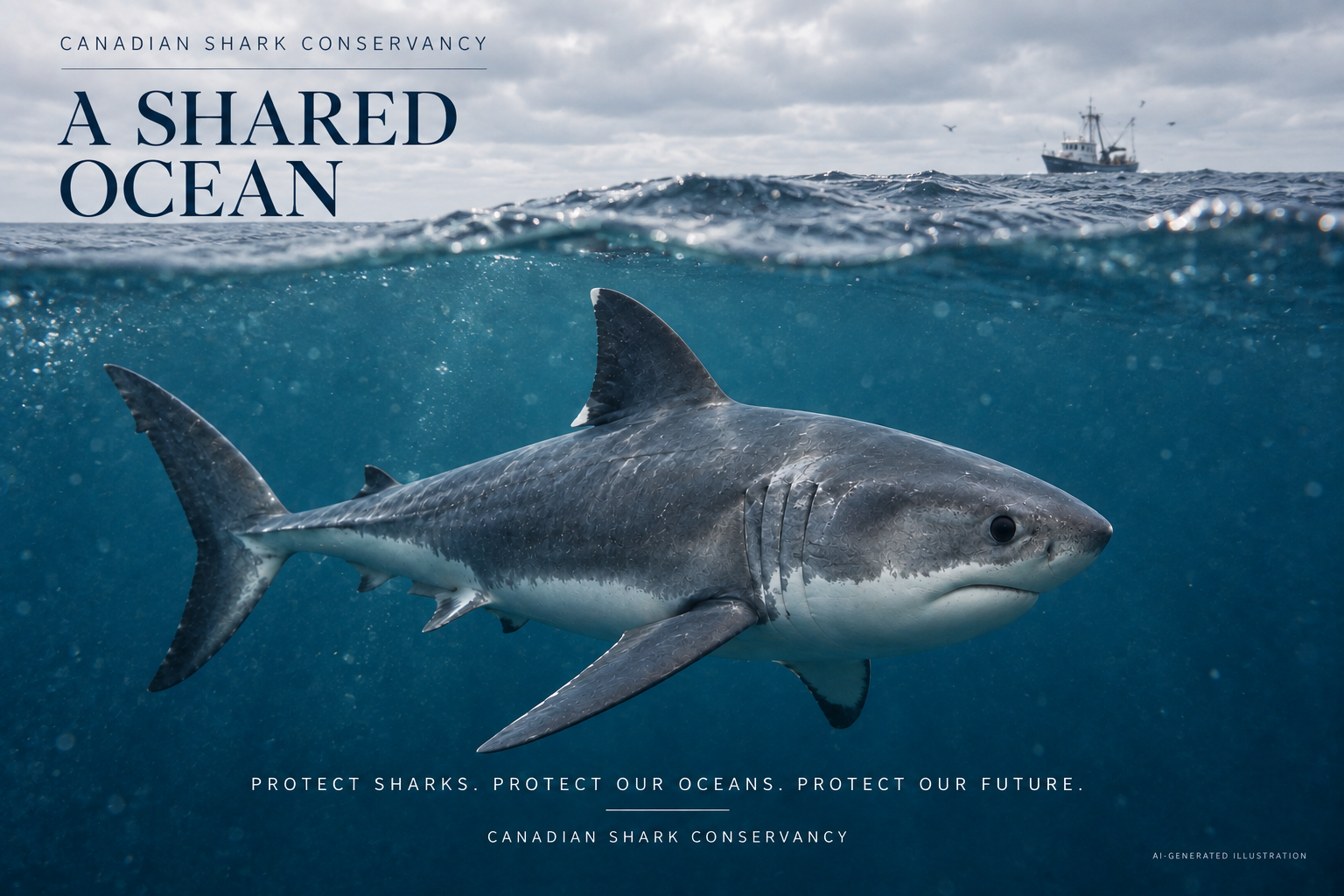 Conceptual split-level Atlantic scene with a porbeagle below the surface and a fishing vessel in the distance.