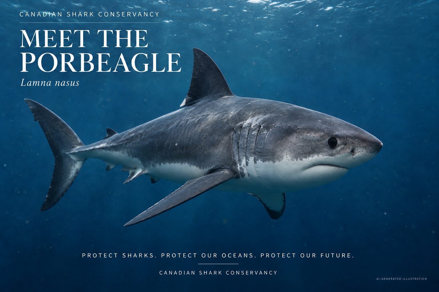 Species illustration of a porbeagle showing its compact body, conical snout, crescent-shaped tail and pale rear tip of the first dorsal fin.