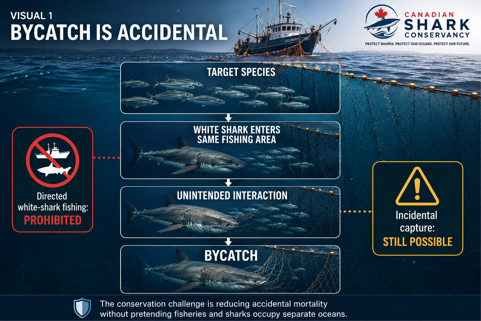 Diagram showing a white shark entering the same fishing area as a target species and becoming unintended bycatch.