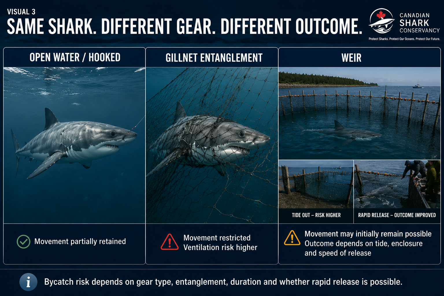 Comparison of a white shark encountering open water and a hook, gillnet entanglement and a herring weir.