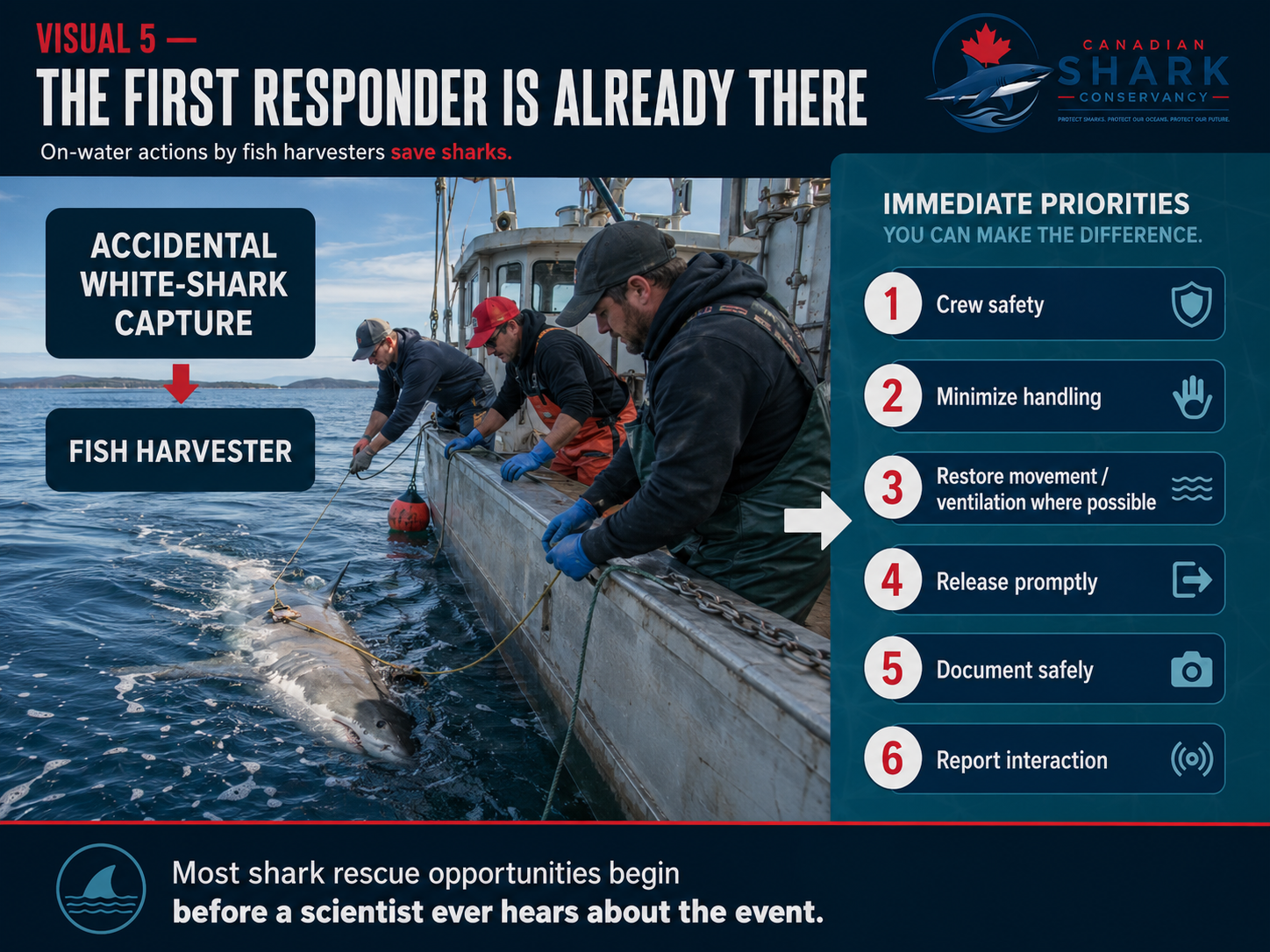 Fish harvesters assisting a white shark beside a vessel with six immediate response priorities.