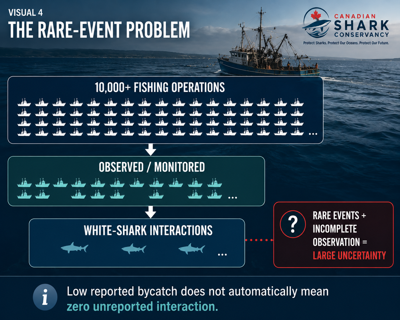 Infographic showing many fishing operations narrowing to a small monitored sample and rare white shark interactions.