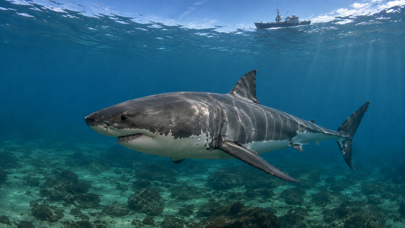 A white shark swimming over a shallow seafloor while a fishing vessel passes at the surface.