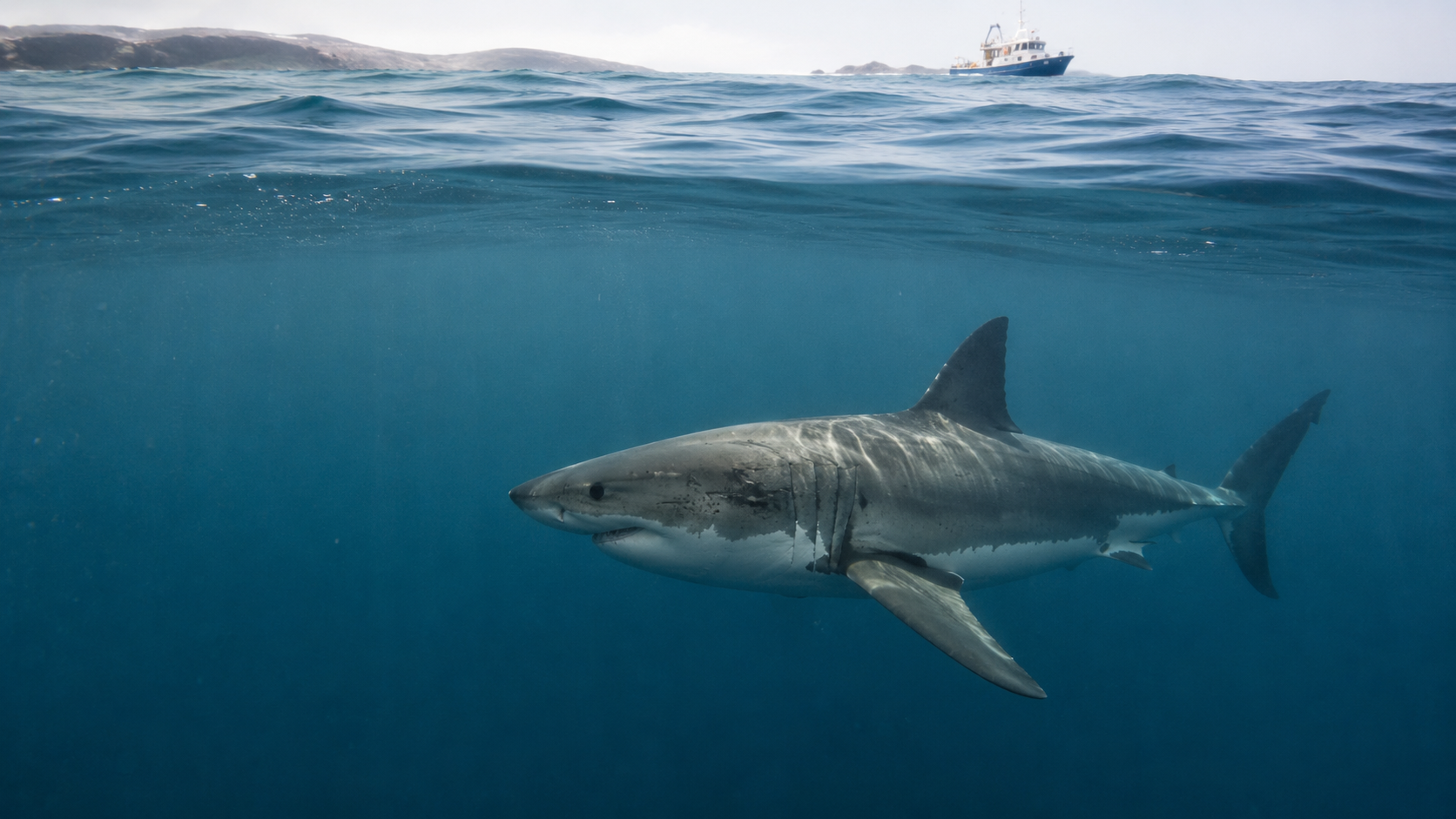 A mature white shark swimming beneath the surface in cold Atlantic Canadian water with a distant research vessel.