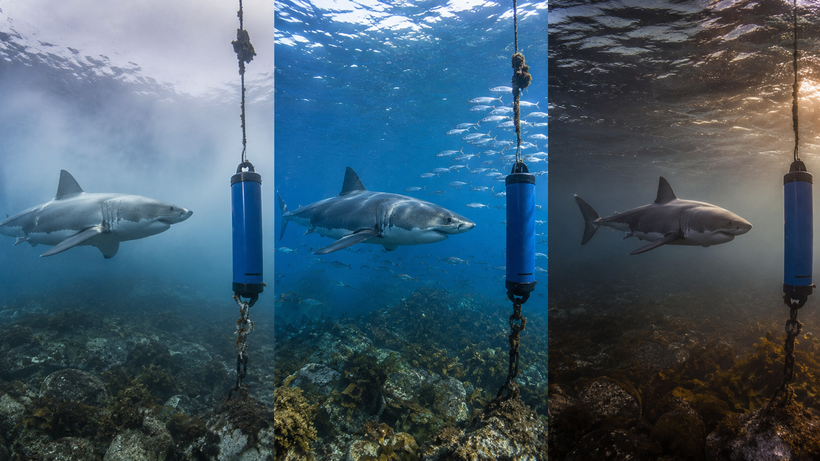 Three seasonal underwater scenes show white sharks passing an acoustic receiver in Atlantic Canadian waters from early summer into late autumn.