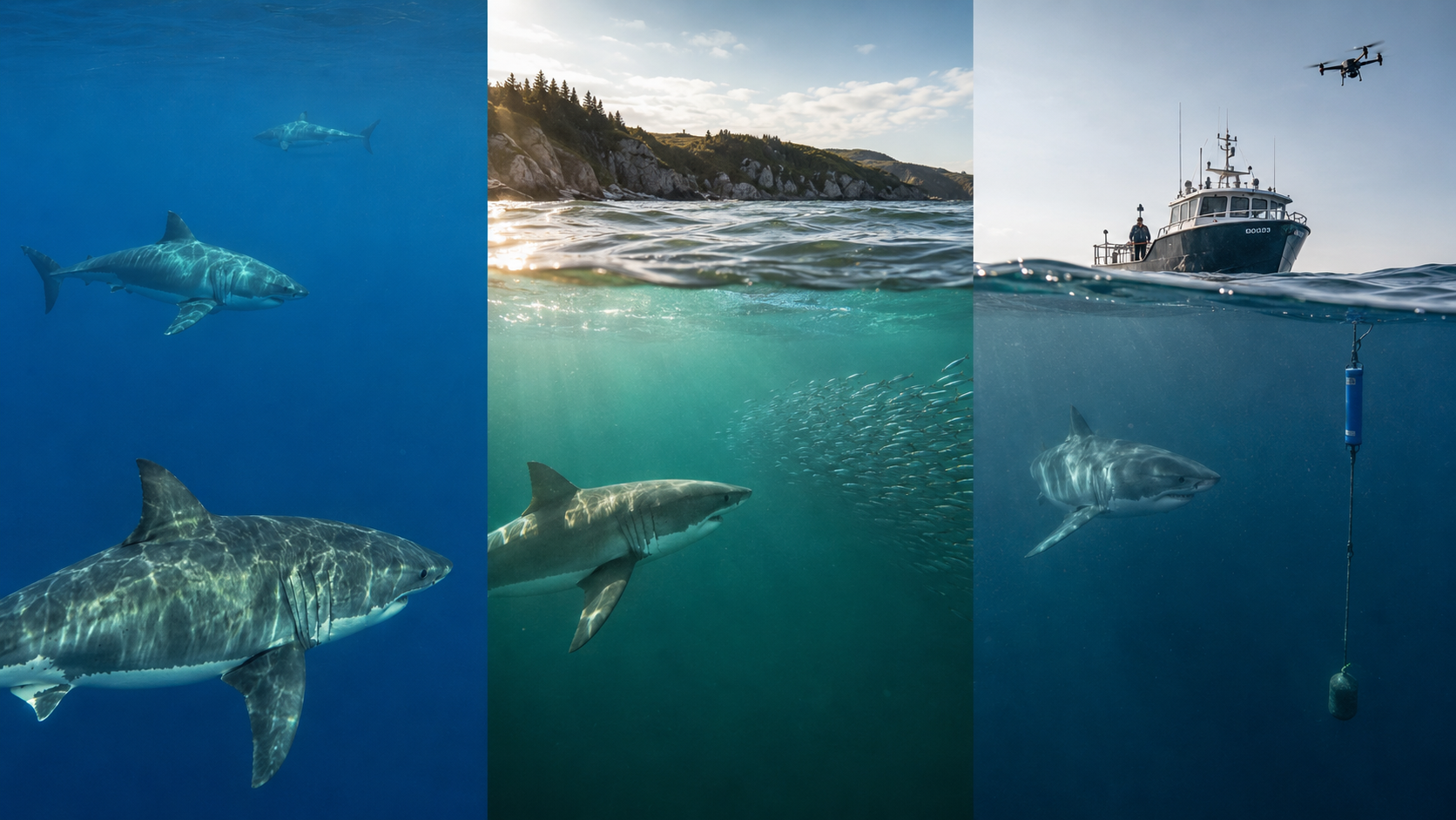 Three Atlantic scenes show multiple white sharks in open water, a shark following prey toward coastal habitat, and a shark detected near a research vessel, drone and acoustic receiver.