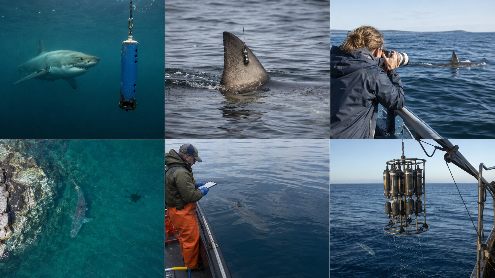 Six documentary scenes show researchers monitoring white sharks through acoustic receivers, satellite tags, photography, aerial observation, fisheries reports and oceanographic instruments.