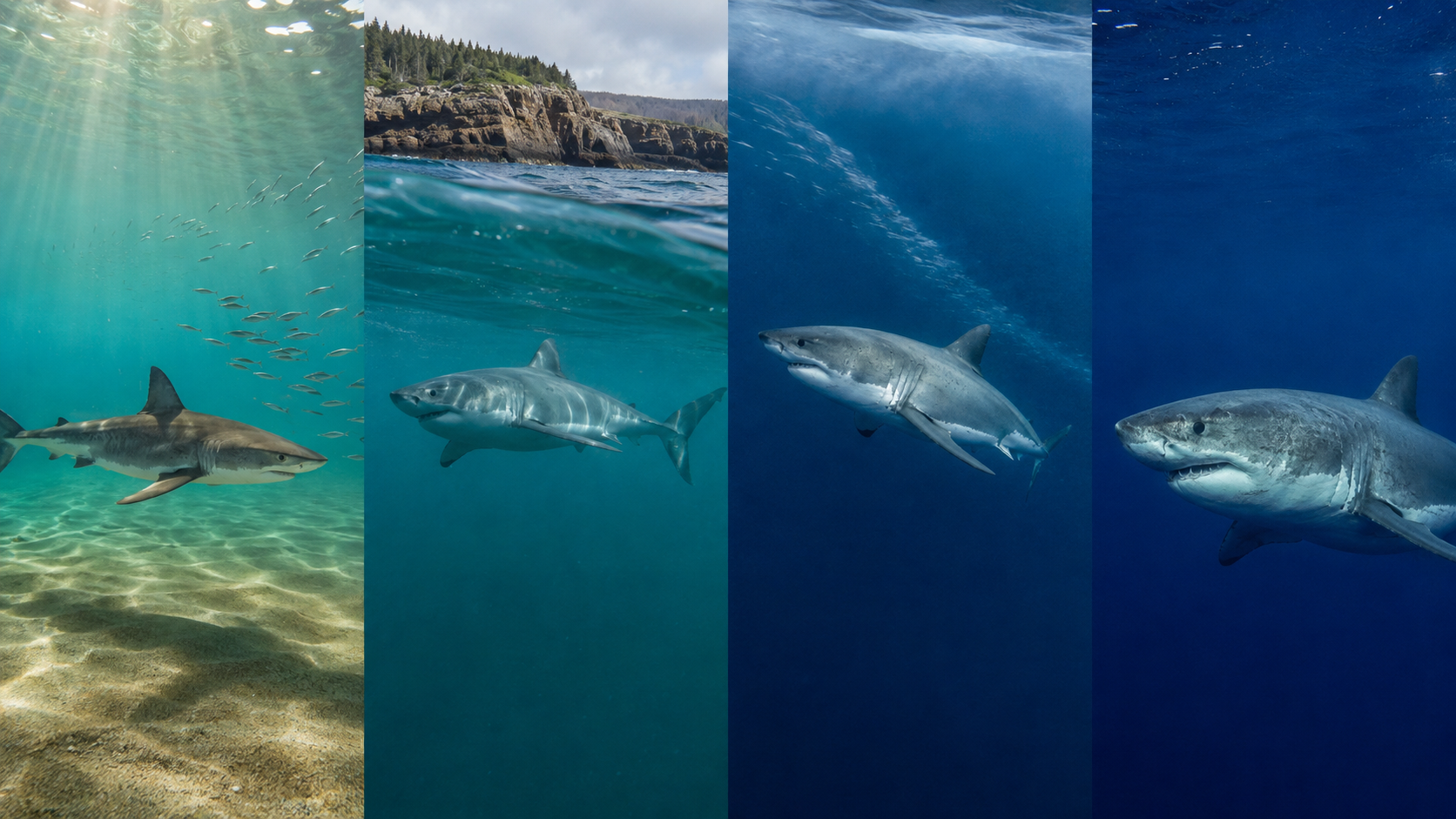 Four underwater scenes show white sharks at different life stages—from a juvenile in shallow fish-rich water to a large mature female in deep offshore habitat.