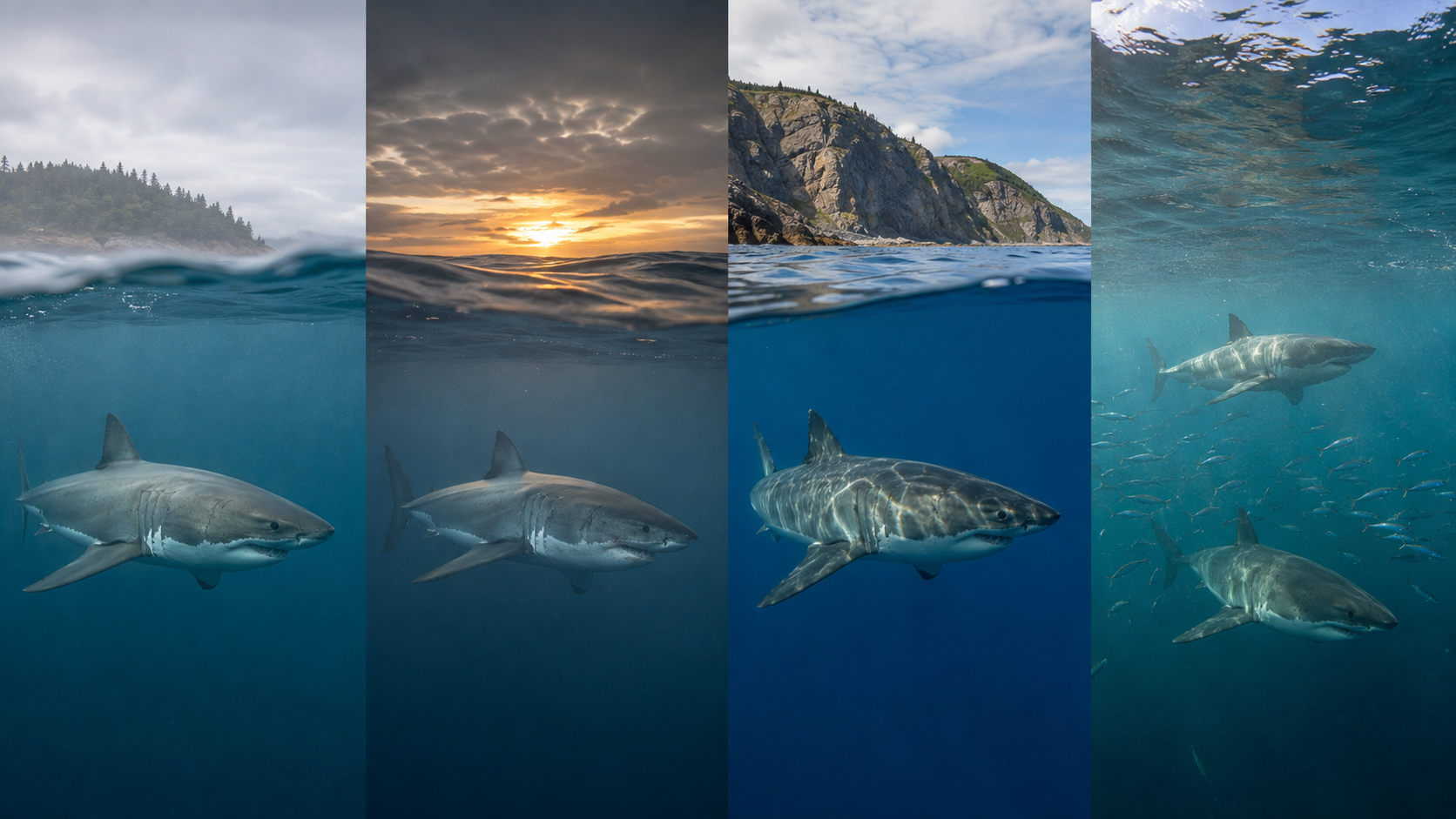 Four Atlantic Canadian underwater scenes show white sharks arriving in different seasons, travelling near a northern rocky coastline and sharing productive habitat.