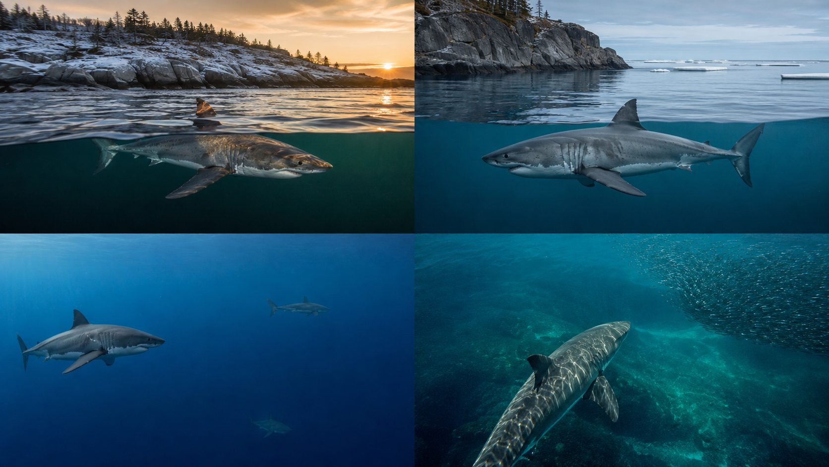 Four Atlantic scenes show a white shark remaining into late autumn, travelling farther north, multiple sharks in open water, and a shark following prey into redistributed habitat.