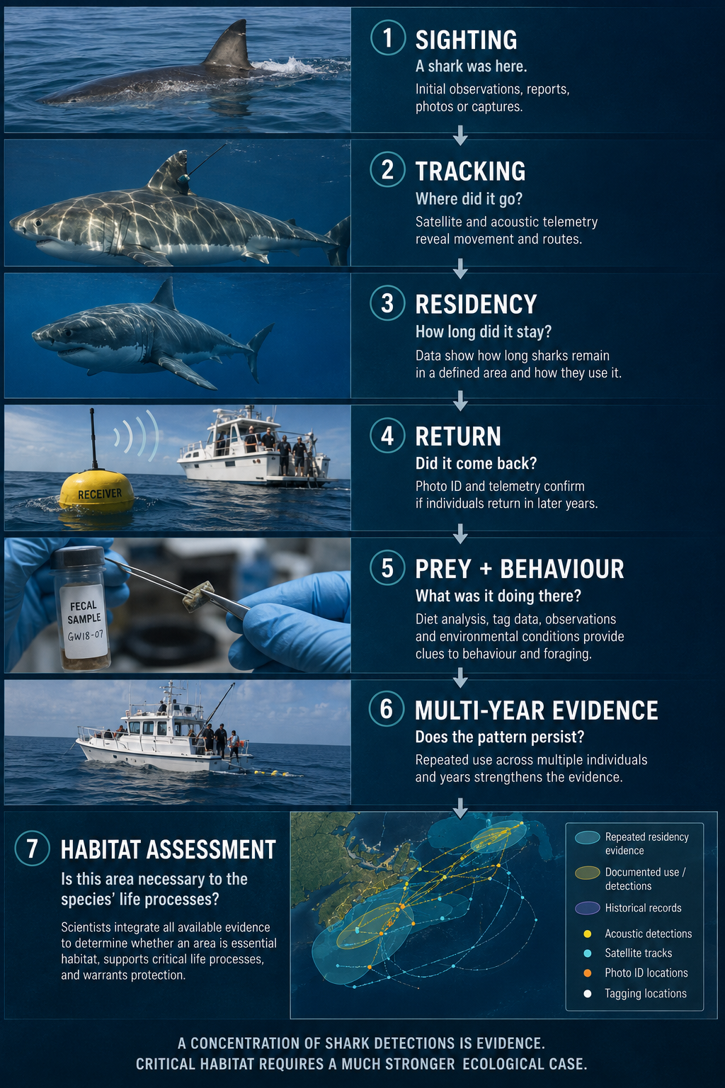 Scientific process from an initial shark sighting through tracking, residency, return, prey and behaviour evidence, multi-year evidence and habitat assessment.