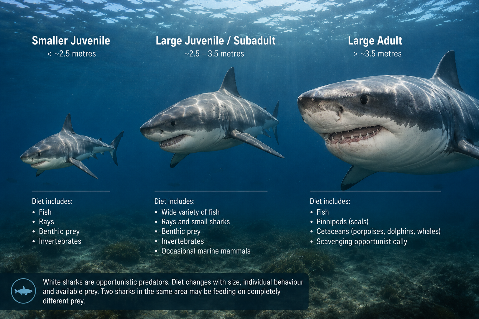 Three white sharks at different life stages with examples of how diet changes as sharks grow.
