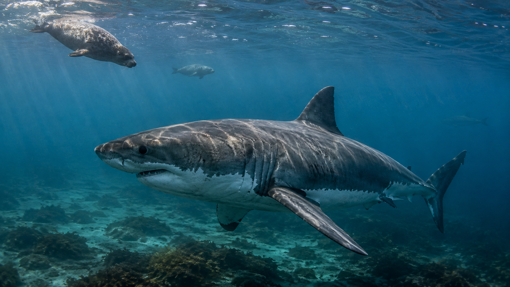 A white shark swimming through Atlantic shelf habitat with seals visible near the surface.