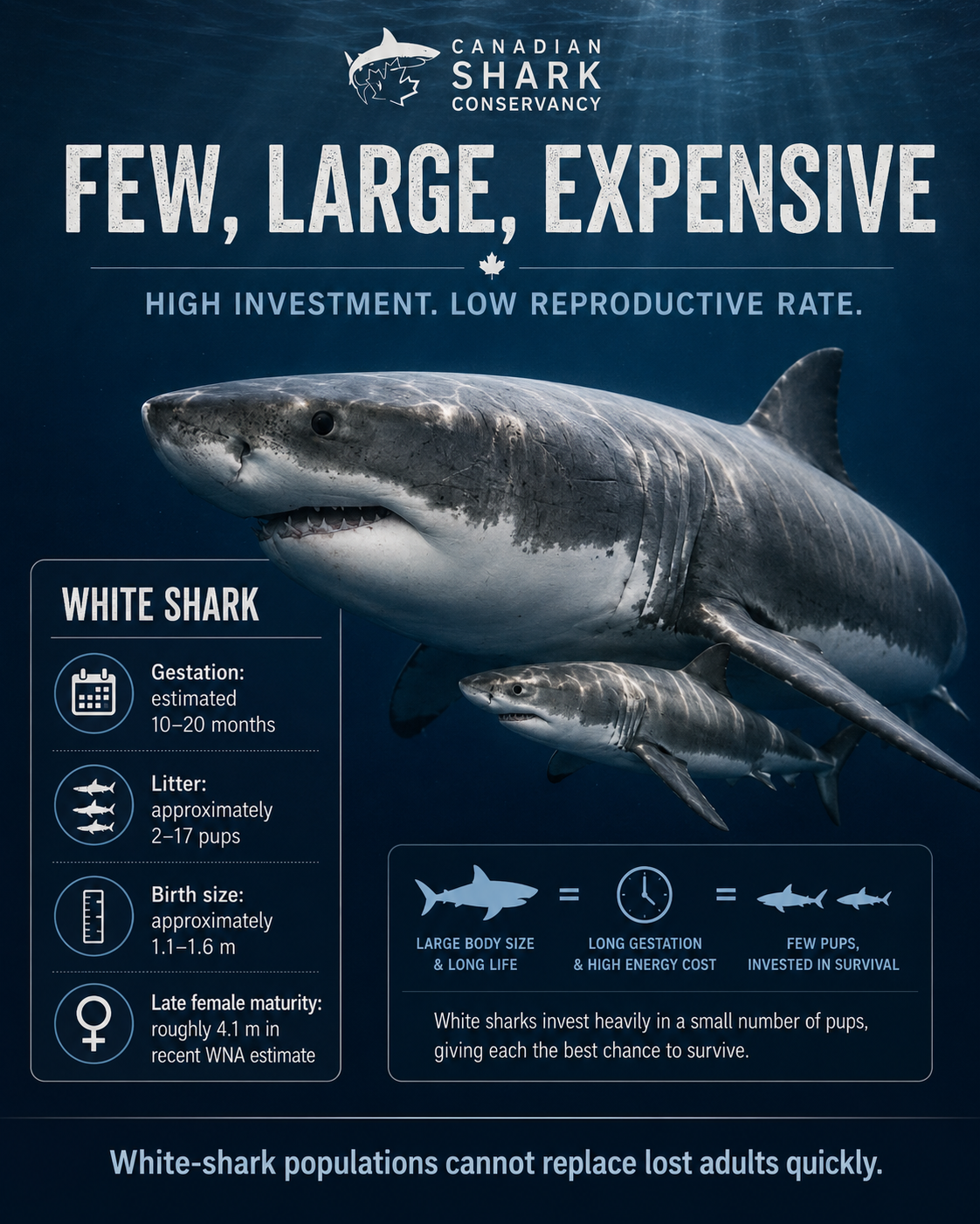 White shark reproductive facts showing long gestation, small litters, large birth size and late female maturity.