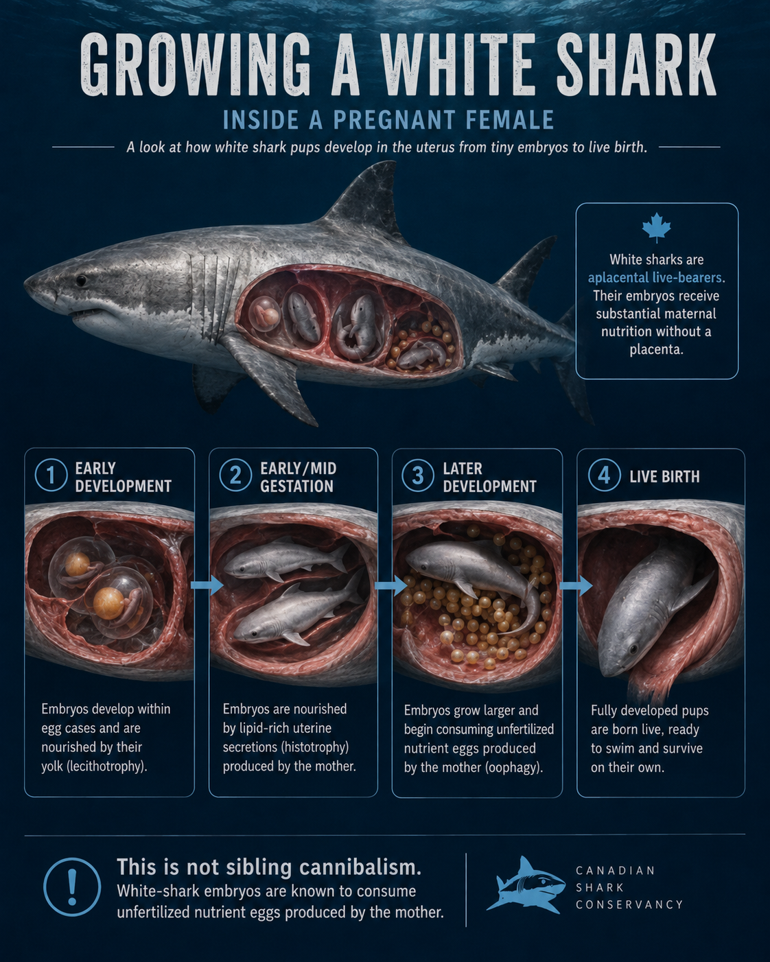 Illustrated stages of white shark embryonic development inside a pregnant female, from yolk nourishment to uterine secretions, nutrient eggs and live birth.
