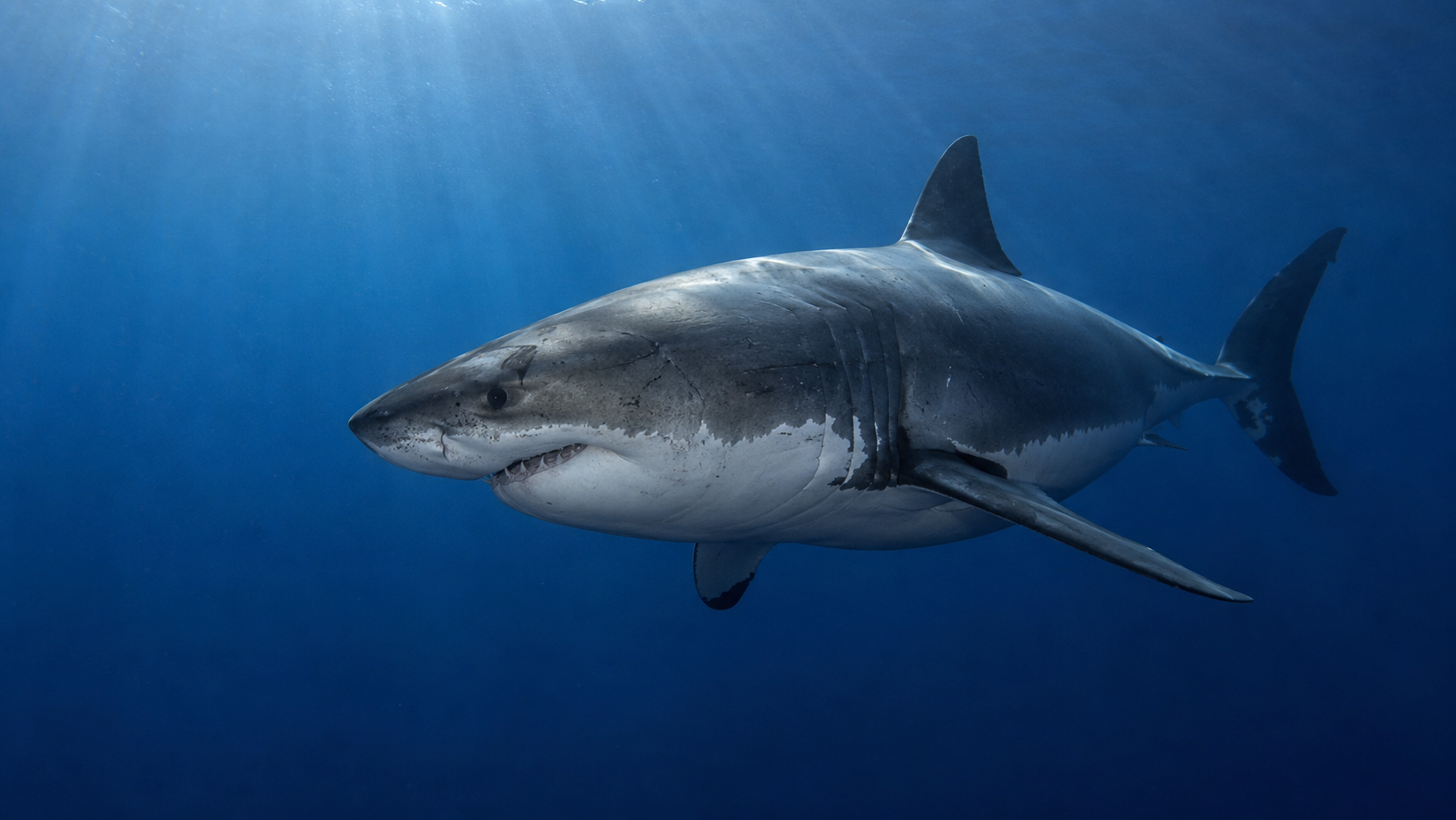 A large adult female white shark swimming through deep blue ocean water.