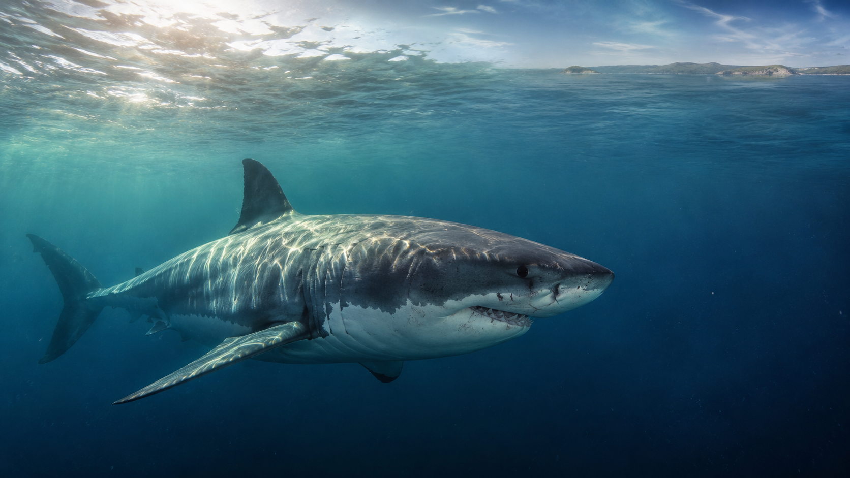 A white shark swimming through clear blue water beneath the ocean surface.